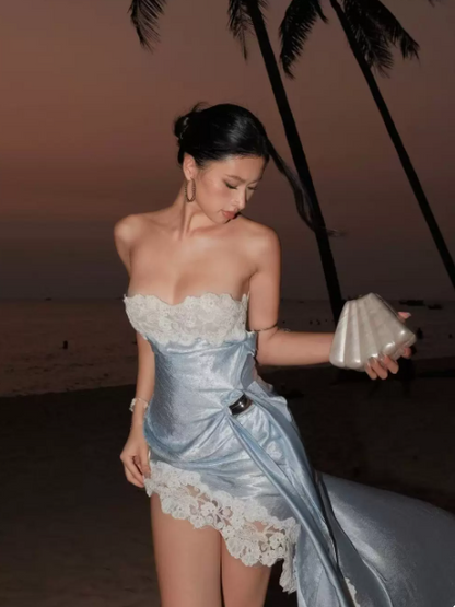 Elegant Pale Blue Sheath Strapless Bodycon Hi-Lo Women Dress with Lace Prom Dress Summer Dress RS317