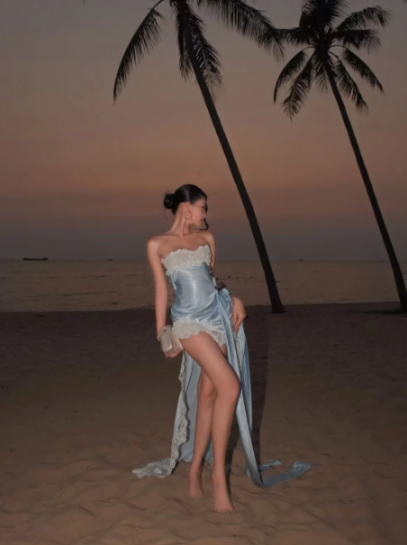 Elegant Pale Blue Sheath Strapless Bodycon Hi-Lo Women Dress with Lace Prom Dress Summer Dress RS317