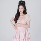 Floral dress women's summer puff sleeve A-line short skirt new pink high-end skirt R4454