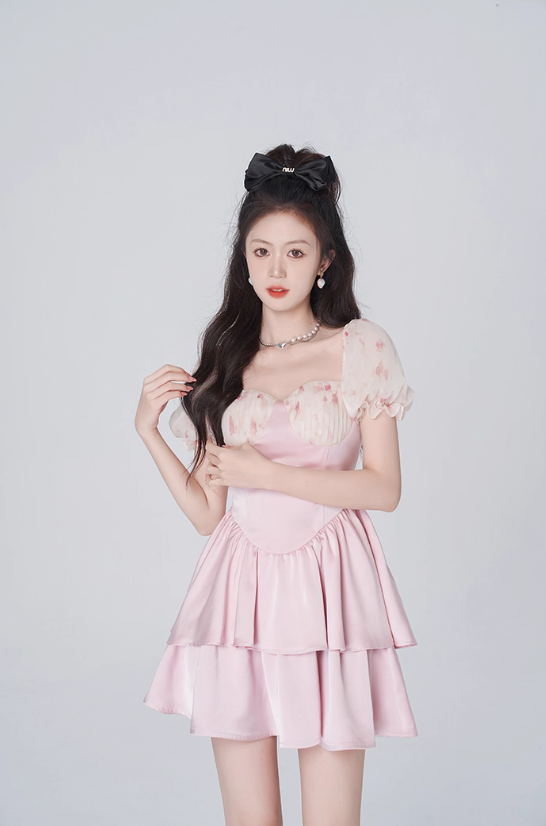 Floral dress women's summer puff sleeve A-line short skirt new pink high-end skirt R4454