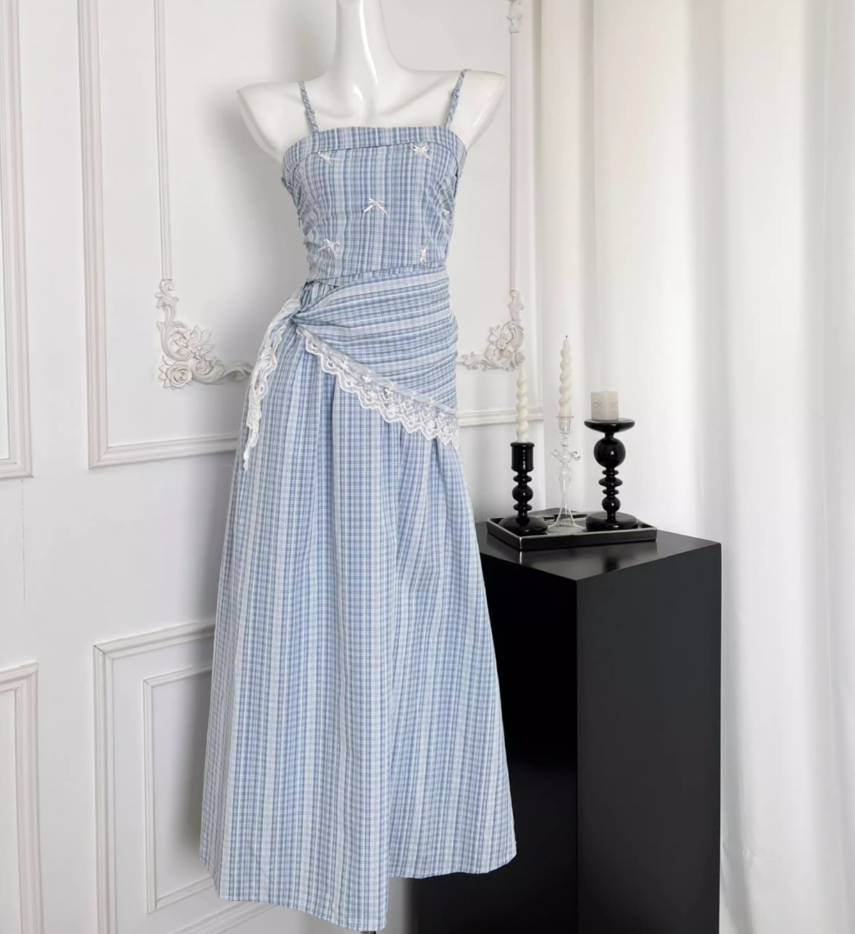Blue plaid lace slim and high-end detachable suspender tube top long skirt R1984
