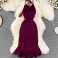 Evening dress high-end atmospheric slim long dress sequined halter neck backpack hip fishtail dress R0399
