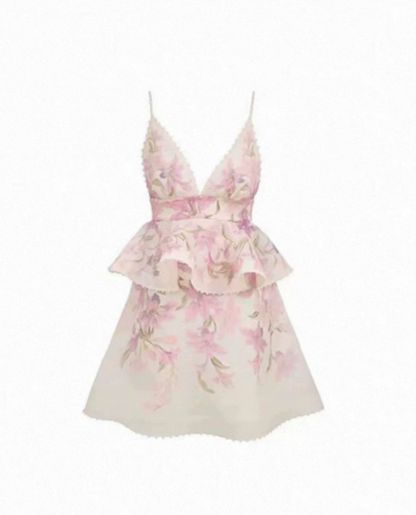 Sweet Blush Pink Floral A-Line V-neck Tiered Mini Prom Dress Homecoming Dress RS314
