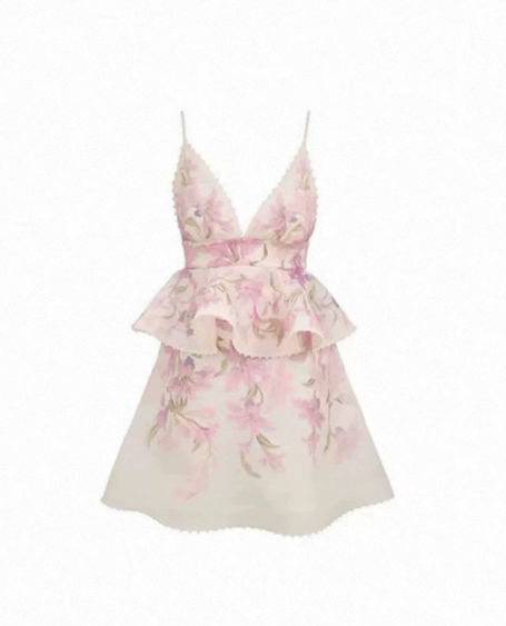 Sweet Blush Pink Floral A-Line V-neck Tiered Mini Prom Dress Homecoming Dress RS314