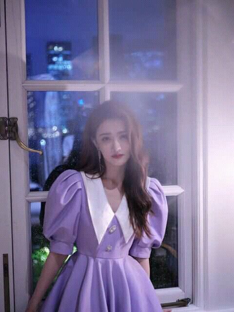 Purple Puff Sleeve Short Skirt V-Neck Waist Slim Short Skirt Homecoming Dress R3509