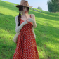 Beach holiday dress travel wear chiffon retro red dress floral loose suspender beach dress R1599