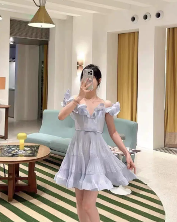 Cute Pale Blue A-Line Ruffled Portrait Mini Birthday Dress Homecoming Dress RS315