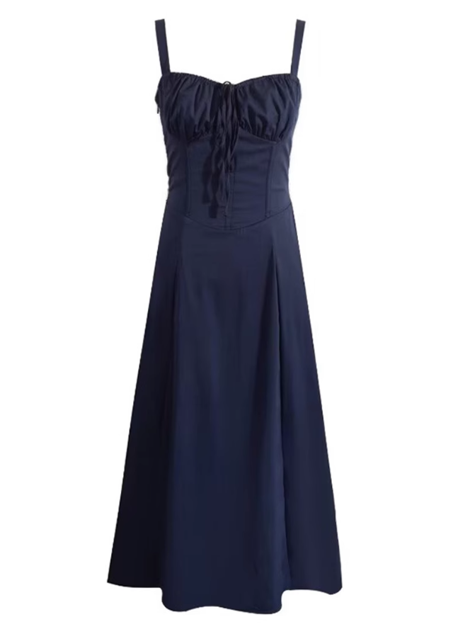 2025 Summer New Blue Slit Sexy Waist Temperament Suspender Dress R0901