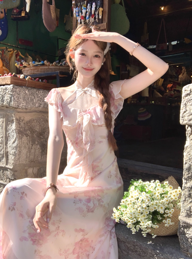 Long printed halter neck dress for women summer French style skirt R4831