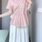 A set of beautiful pink short-sleeved shirt a-line skirt two-piece suit 2025 new R0846