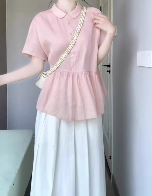 A set of beautiful pink short-sleeved shirt a-line skirt two-piece suit 2025 new R0846