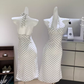 French dress halter neck polka dot white female island vacation travel seaside sexy skirt R0285