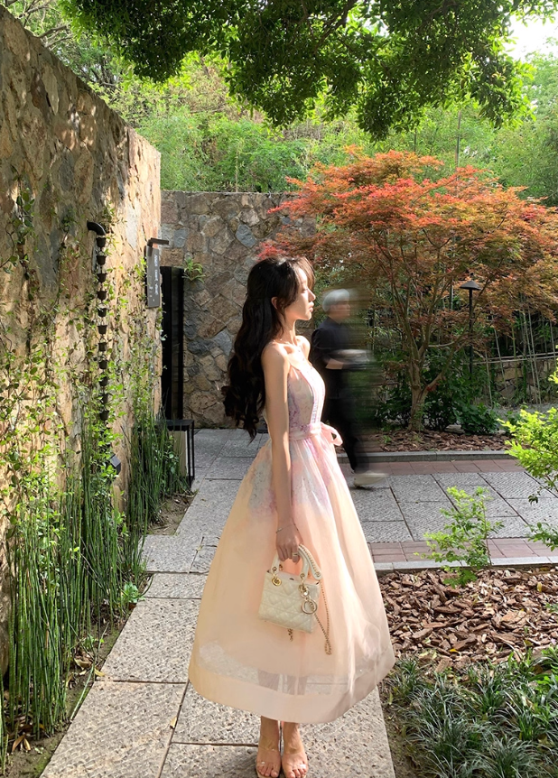Fresh and elegant gradient print dress female 2025 new French gentle style flower suspender skirt R4380