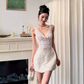 Elegant Light Ivory Sheath V-neck Embroidery Mini Birthday Dress Homecoming Dress RS319
