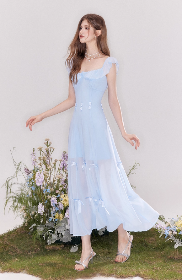 Holiday-style bow-knot two-way design French waist blue dress R4541