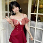 Red checkered suspenders one shoulder waist slim fit cute sexy short skirt homecoming dress R4046
