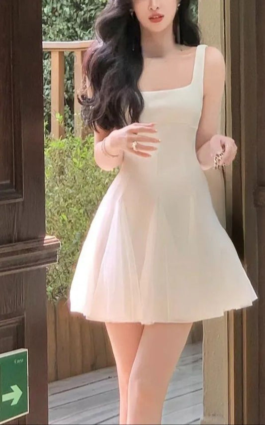 White suspenders waist slim A-line slim white moonlight short skirt homecoming dress R3927