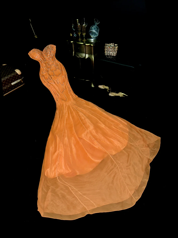 Orange strapless, fitted, mermaid-style long ball gown, sexy and ethereal R6946