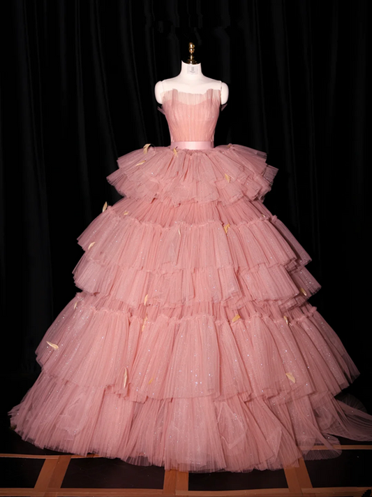 Pink strapless fitted waist puffy cake skirt long ball gown/bridal dress R8933