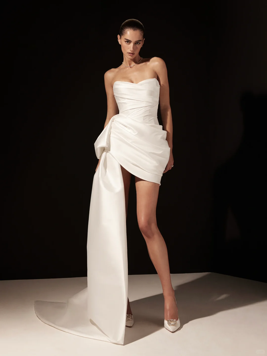 White satin tube top waist slim hip sexy design short skirt homecoming dress R4366