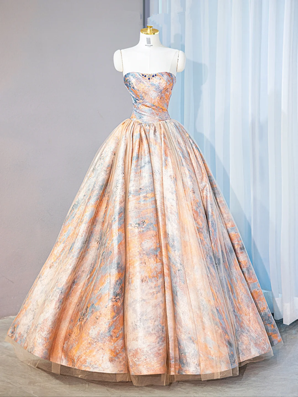 Orange tie-dye strapless fitted waist ball gown with a full skirt, long ball gown, bridal dress R9023