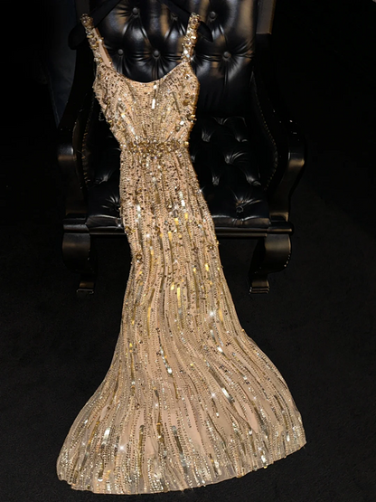 Gold sequined halter-neck fitted long ball gown/bridal dress R8813