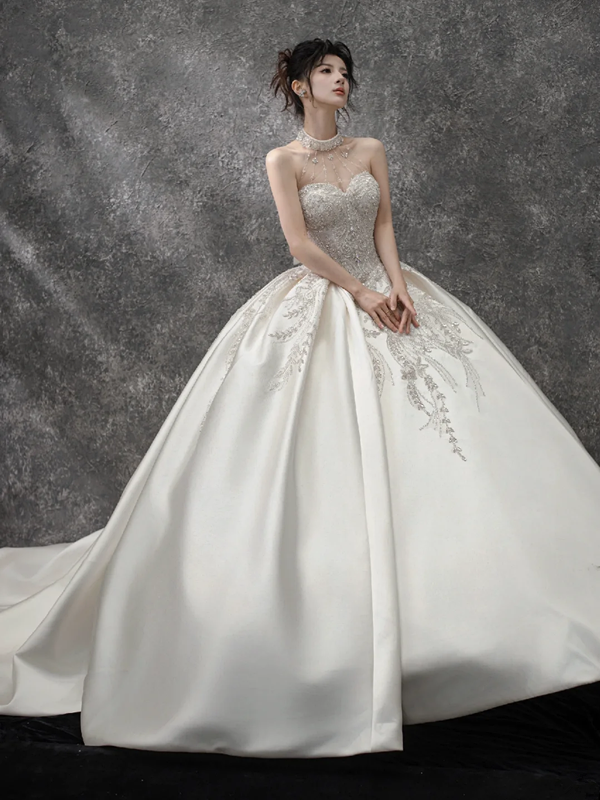 White halterneck sequined waist slim fit puffy skirt long bridal dress R5793