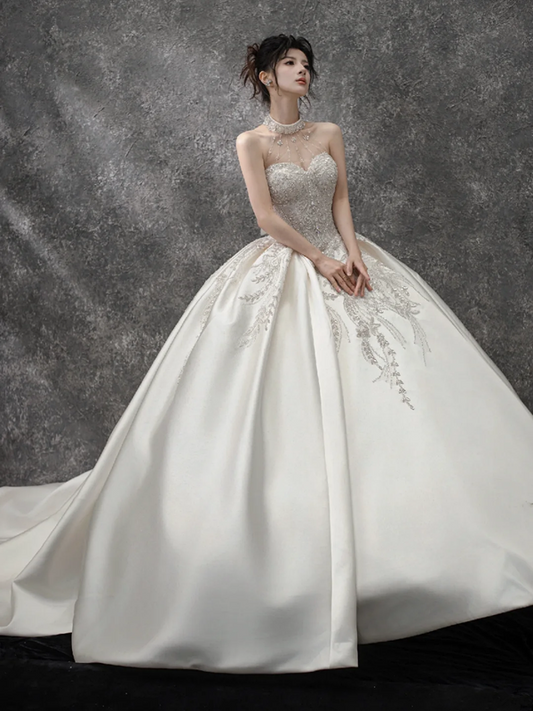 White halterneck sequined waist slim fit puffy skirt long bridal dress R5793