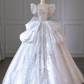 White Puff-Sleeve Fitted-Waist Slim-Fit Puffy Hem Long Elegant Bridal Gown R5907