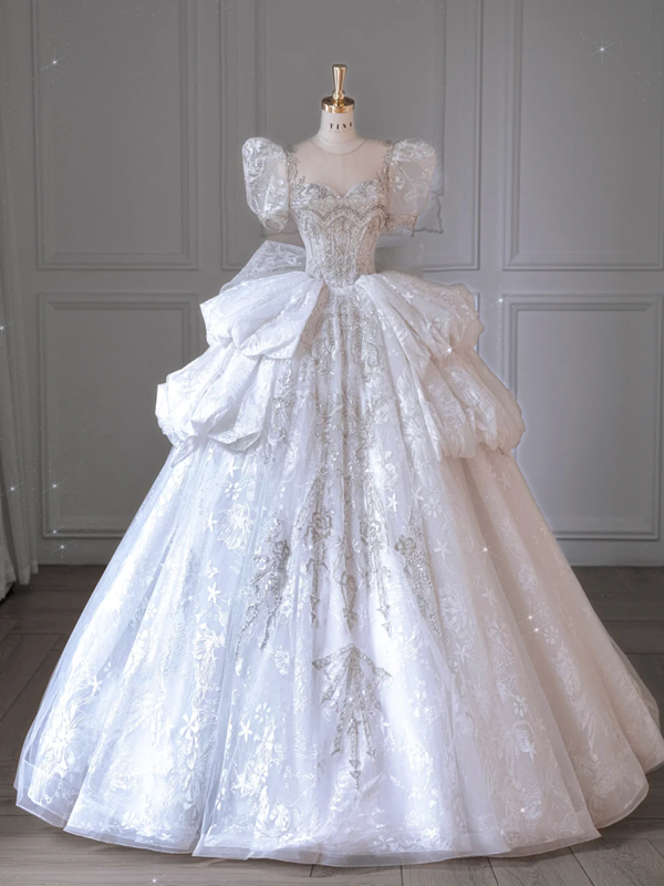 White Puff-Sleeve Fitted-Waist Slim-Fit Puffy Hem Long Elegant Bridal Gown R5907