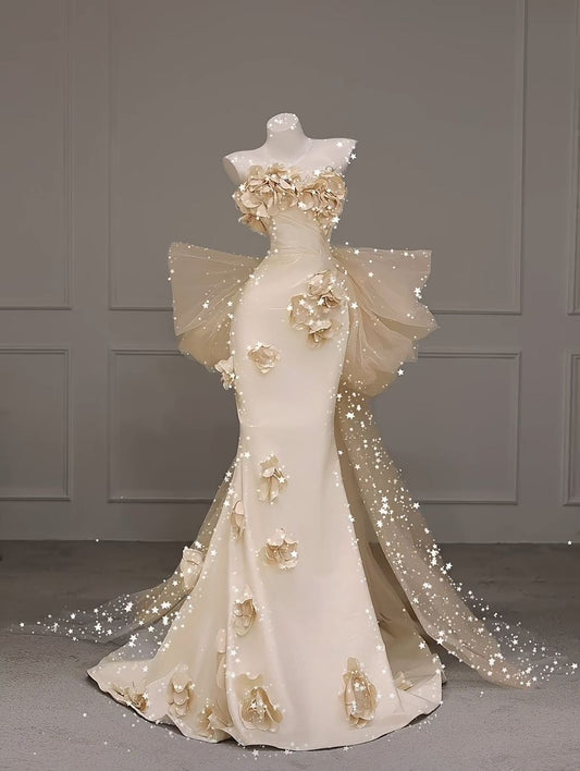 Brown tube-top slim-waist fishtail long dress, prom dress R5357