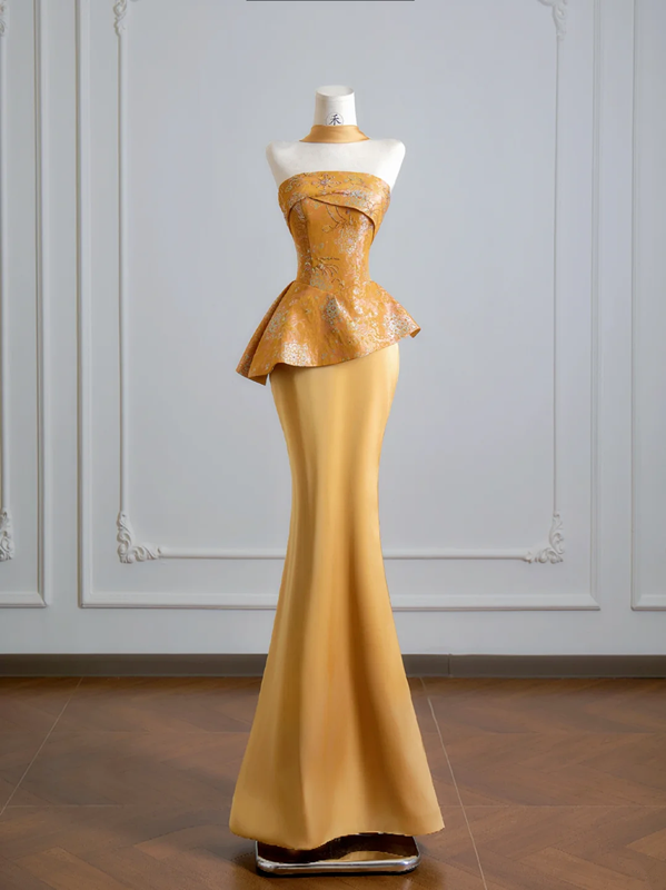 Gold strapless fitted top and bodycon skirt set, a sexy ball gown/bridal dress R8133