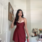 Red suspender waist slim A-line short skirt homecoming dress R5557