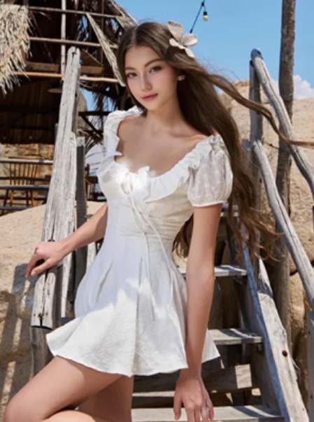 White square neck, slim waist, slim fit A-line short skirt homecoming dress R4527