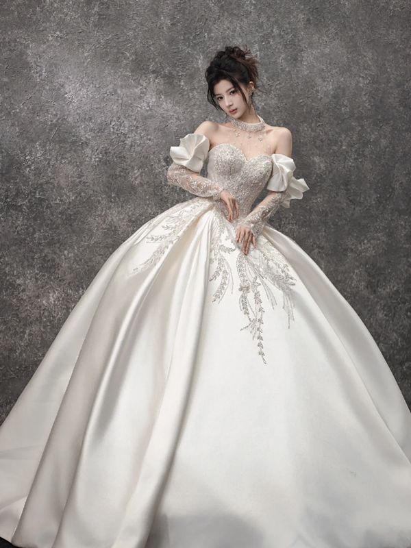 White halterneck sequined waist slim fit puffy skirt long bridal dress R5793