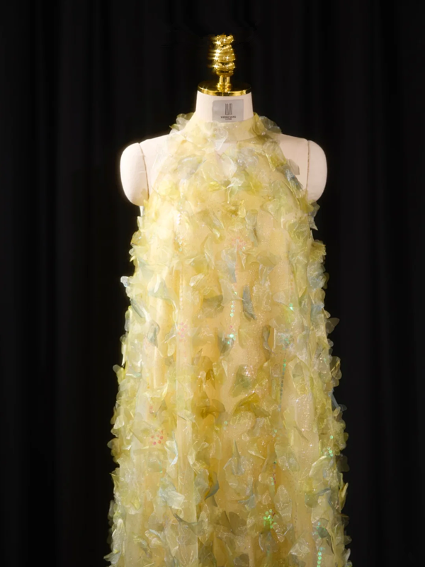 Light yellow sleeveless straight-cut long ball gown, bridal dress R8903