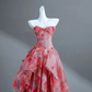 Pink floral tube top waist A-line long skirt, prom dress R5636