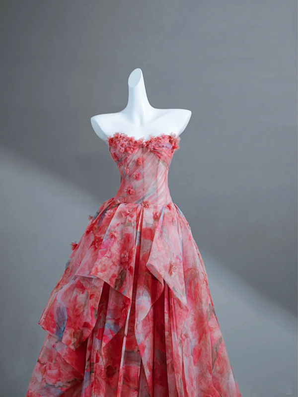 Pink floral tube top waist A-line long skirt, prom dress R5636