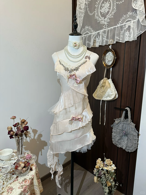 Light pink suspender satin ruffle design waist slim irregular skirt short skirt homecoming dress R4325