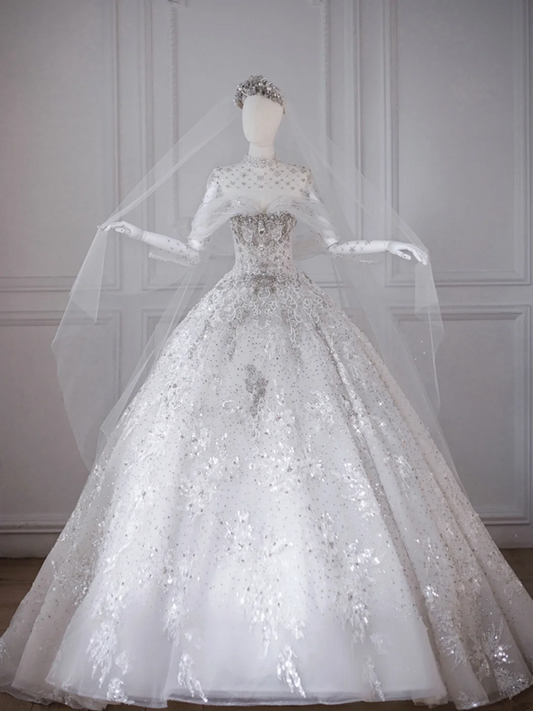 Elegant wedding dress with white bottom and bright diamonds, slim waist and puffy skirt R5868