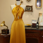 Mustard yellow halter neck fitted waist long ball gown R7179