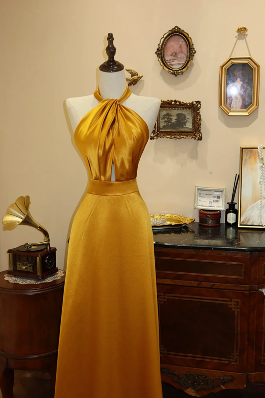Mustard yellow halter neck fitted waist long ball gown R7179
