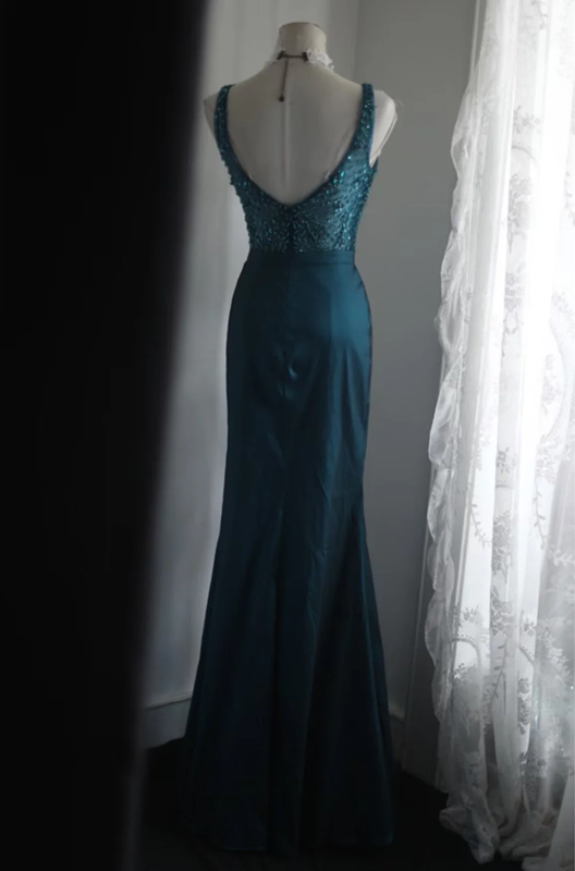 Dark green sequined halter-neck fitted long ball gown R6786