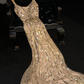 Gold sequined halter-neck fitted long ball gown/bridal dress R8813