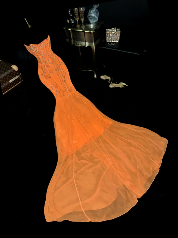 Orange strapless, fitted, mermaid-style long ball gown, sexy and ethereal R6946