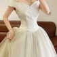 White Off-the-shoulder Waist-Cinched Puff-Skirt Ball Gown & Bridal Gown R7388