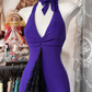 Purple halter-neck, fitted waist, bodycon fishtail sexy long dress, prom dress R6346