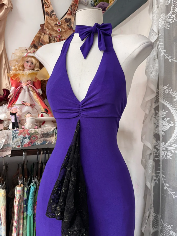 Purple halter-neck, fitted waist, bodycon fishtail sexy long dress, prom dress R6346