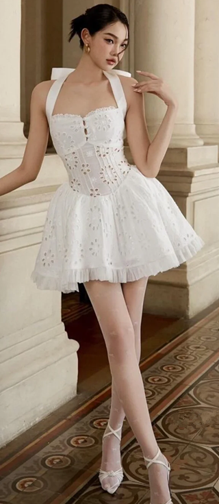White halterneck hollow waist elegant A-line long skirt short skirt homecoming dress R4648