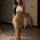 Gold halter-neck fitted waist slim sexy hip-hugging elegant ball gown R8070